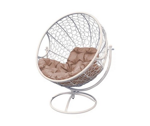 Вращающееся кресло с ротангом (белое с бежевой подушкой)