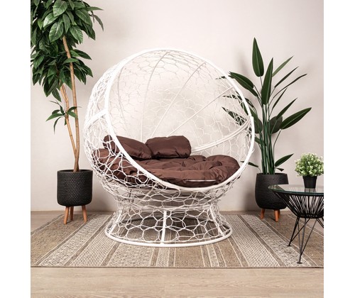 Кресло Апельсин с ротангом (белое, коричневая подушка)