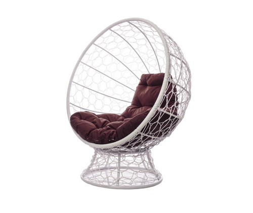 Кресло КОКОС на подставке с ротангом (белое, коричневая подушка)