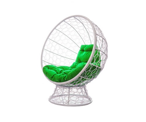 Кресло КОКОС на подставке с ротангом (белое, зелёная подушка)
