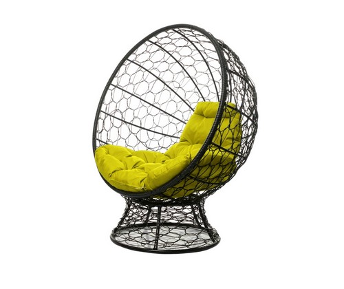 Кресло КОКОС на подставке с ротангом (чёрное, жёлтая подушка)