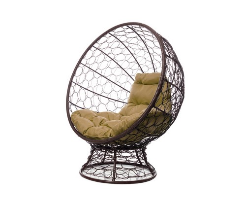 Кресло КОКОС на подставке с ротангом (коричневое, бежевая подушка)