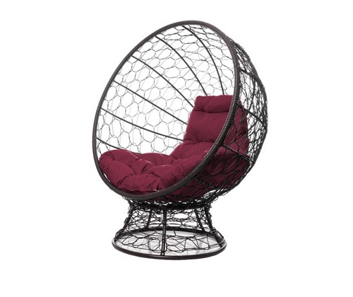 Кресло КОКОС на подставке с ротангом (коричневое, бордовая подушка)