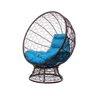Кресло КОКОС на подставке с ротангом (коричневое, голубая подушка)