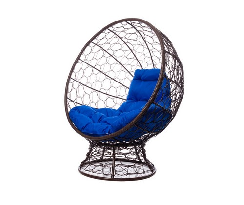 Кресло КОКОС на подставке с ротангом (коричневое, синяя подушка)