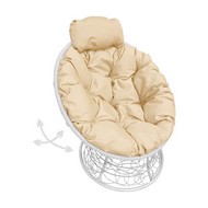 Кресло ПАПАСАН пружинка мини с ротангом (белое, бежевая подушка)