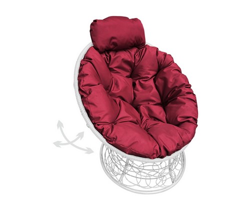 Кресло ПАПАСАН пружинка мини с ротангом (белое, бордовая подушка)