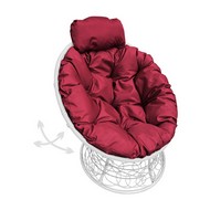 Кресло ПАПАСАН пружинка мини с ротангом (белое, бордовая подушка)