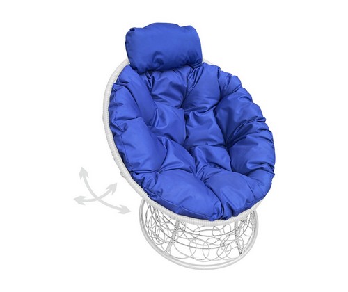 Кресло ПАПАСАН пружинка мини с ротангом (белое, синяя подушка)