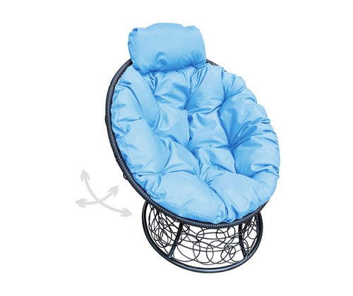 Кресло ПАПАСАН пружинка мини с ротангом (чёрное, голубая подушка)