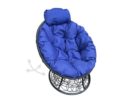 Кресло ПАПАСАН пружинка мини с ротангом (чёрное, синяя подушка)