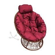 Кресло ПАПАСАН пружинка мини с ротангом (коричневое, бордовая подушка)