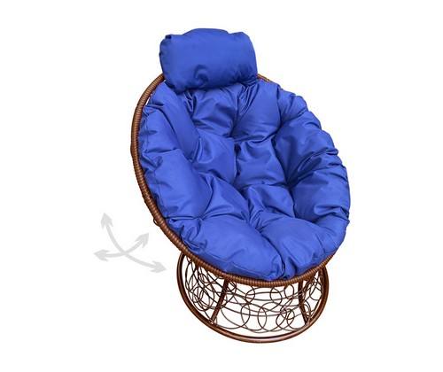 Кресло ПАПАСАН пружинка мини с ротангом (коричневое, синяя подушка)
