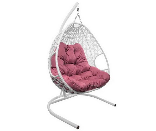 Подвесное кресло ДЛЯ ДВОИХ ЛЮКС с ротангом (белое, розовая подушка)