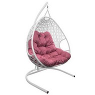 Подвесное кресло ДЛЯ ДВОИХ ЛЮКС с ротангом (белое, розовая подушка)