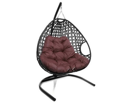 Подвесное кресло ДЛЯ ДВОИХ ЛЮКС с ротангом (чёрное, бордовая подушка)