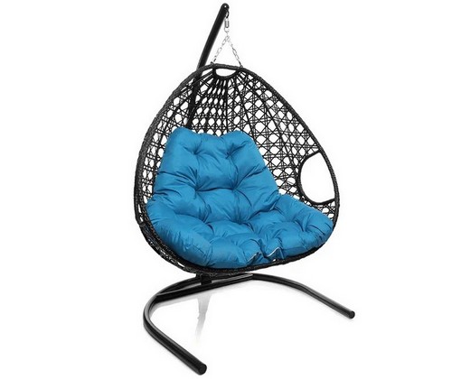 Подвесное кресло ДЛЯ ДВОИХ ЛЮКС с ротангом (чёрное, голубая подушка)