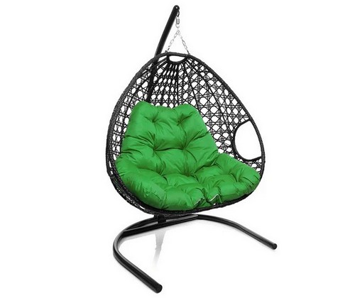Подвесное кресло ДЛЯ ДВОИХ ЛЮКС с ротангом (чёрное, зелёная подушка)
