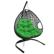 Подвесное кресло ДЛЯ ДВОИХ ЛЮКС с ротангом (чёрное, зелёная подушка)