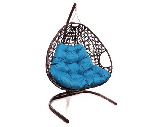 Подвесное кресло ДЛЯ ДВОИХ ЛЮКС с ротангом (коричневое, голубая подушка)