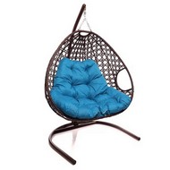 Подвесное кресло ДЛЯ ДВОИХ ЛЮКС с ротангом (коричневое, голубая подушка)