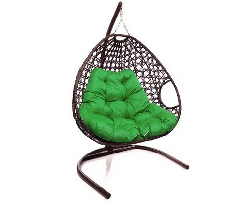 Подвесное кресло ДЛЯ ДВОИХ ЛЮКС с ротангом (коричневое, зелёная подушка)