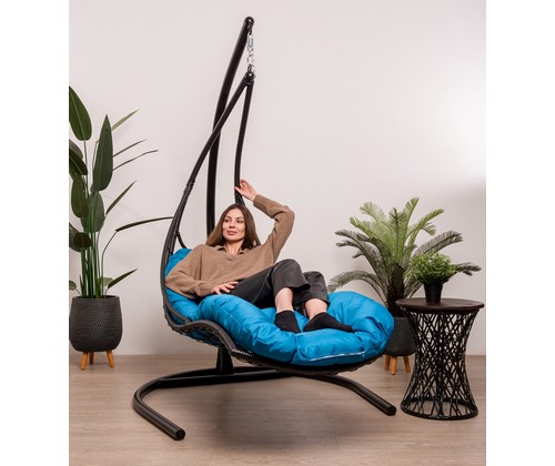 Подвесное кресло Лежачее ротанг (черный, голубой)