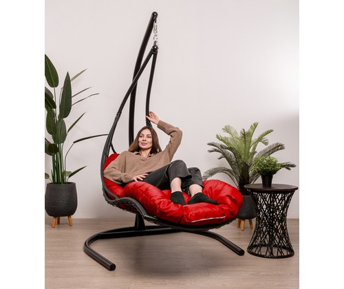 Подвесное кресло Лежачее ротанг (черный, красный)