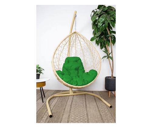 Подвесное кресло Кокон Капля с ротангом (бежевое с зеленой подушкой)