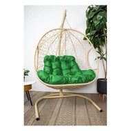 Подвесное кресло ДЛЯ ДВОИХ с ротангом (бежевое с зеленой подушкой)