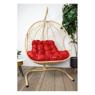 Подвесное кресло ДЛЯ ДВОИХ с ротангом (бежевое с красной подушкой)