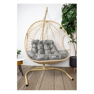 Подвесное кресло ДЛЯ ДВОИХ с ротангом (бежевое с серой подушкой)