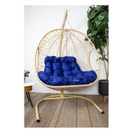 Подвесное кресло ДЛЯ ДВОИХ с ротангом (бежевое с синей подушкой)