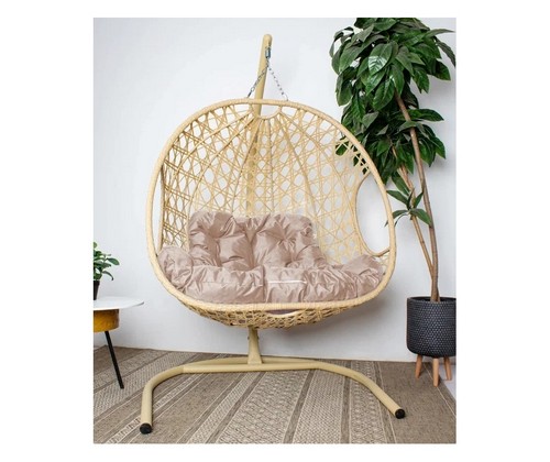 Подвесное кресло ДЛЯ ДВОИХ Люкс с ротангом (бежевое с бежевой подушкой)