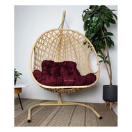Подвесное кресло ДЛЯ ДВОИХ Люкс с ротангом (бежевое с бордовой подушкой)
