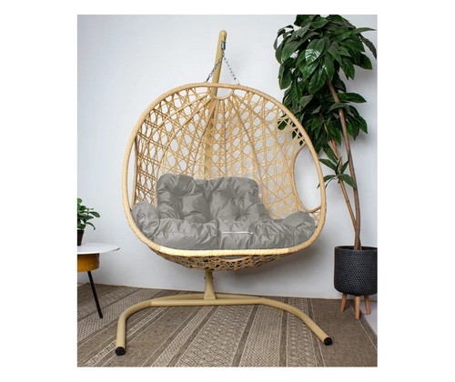 Подвесное кресло ДЛЯ ДВОИХ Люкс с ротангом (бежевое с серой подушкой)