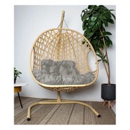 Подвесное кресло ДЛЯ ДВОИХ Люкс с ротангом (бежевое с серой подушкой)