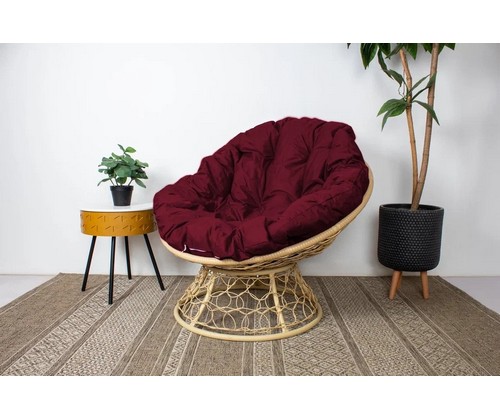 Кресло Папасан с ротангом (бежевое с бордовой подушкой)