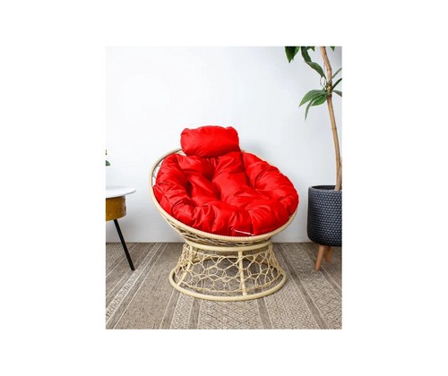 Кресло Папасан Мини с ротангом (бежевое с красной подушкой)