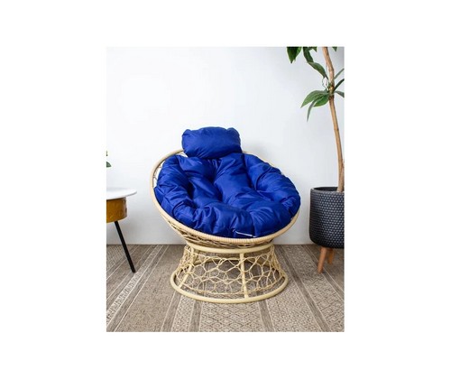 Кресло Папасан Мини с ротангом (бежевое с синей подушкой)