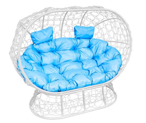 Кокон Лежебока на подставке (ротанг, белый с голубой подушкой)