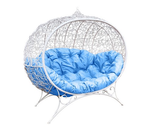 Кокон Улей ротанг на подставке (белое с голубой подушкой)