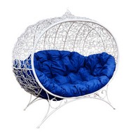 Кокон Улей ротанг на подставке (белое с синей подушкой)