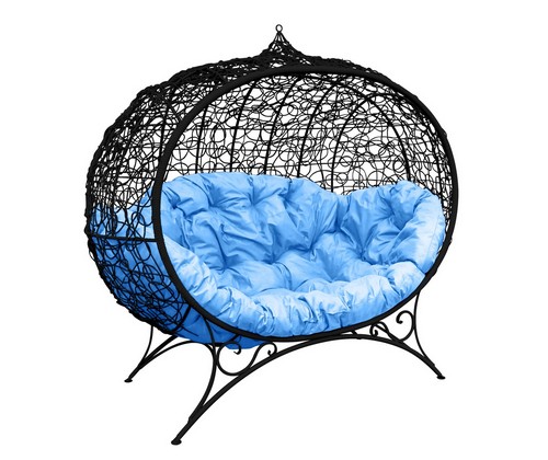 Кокон Улей ротанг на подставке (черное с голубой подушкой)