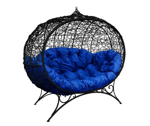 Кокон Улей ротанг на подставке (черное с синей подушкой)