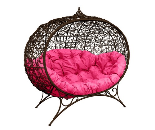 Кокон Улей ротанг на подставке (коричневое с розовой подушкой)