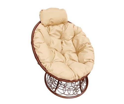 Кресло Папасан Мини ротанг (коричневое с бежевой подушкой)