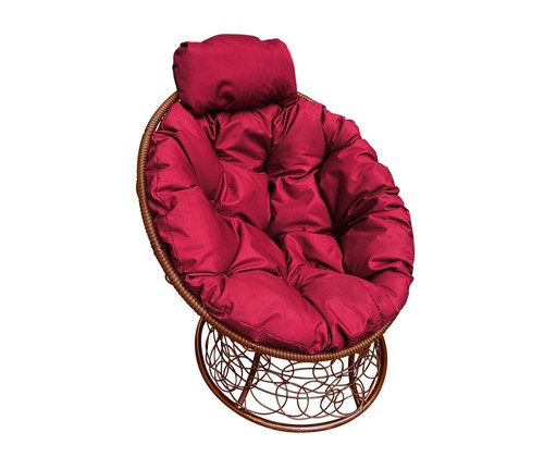 Кресло Папасан Мини ротанг (коричневое с бордовой подушкой)