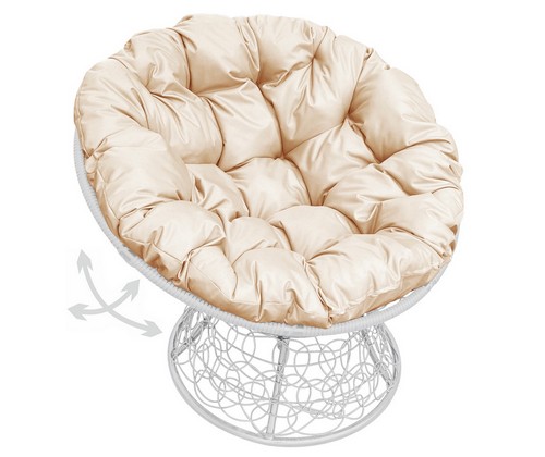Кресло Папасан пружинка ротанг (белое с бежевой подушкой)
