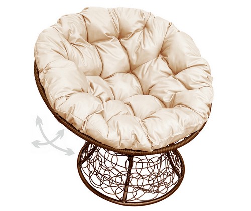 Кресло Папасан пружинка ротанг (коричневое с бежевой подушкой)